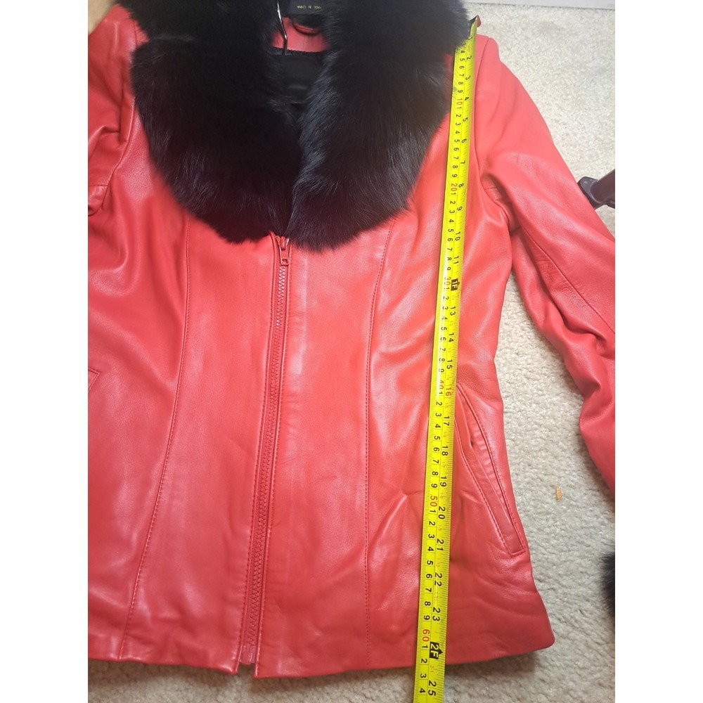 Y2K Vintage Chosen Couture Red Leather Jacket Black Fox Fur Collar Mob Wife - Picture 10 of 11